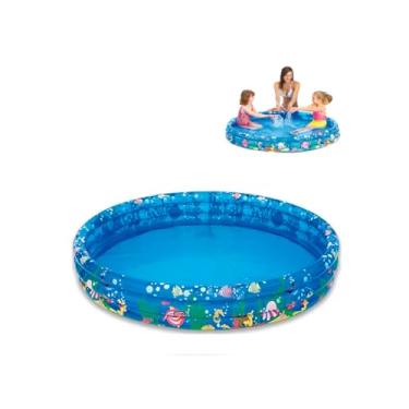 Imagem de Piscina Inflável Infantil Redonda, PVC, 180 Litros, Azul com Estampa de Animais Marinhos, 122cm x 25cm, 3 Anéis, para Crianças Acima de 2 Anos