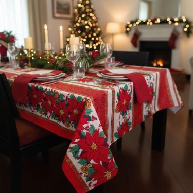 Imagem de Toalha de Mesa Retangular 150x220 Natal Flores Tecido Oxford 100% Poliester