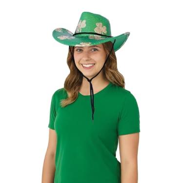Imagem de Beistle Chapéu de cowboy com lantejoulas do Dia de São Patrício – Chapéu verde ocidental com trevos dourados, acessório de fantasia brilhante com alça de queixo ajustável para festas de São Patrício