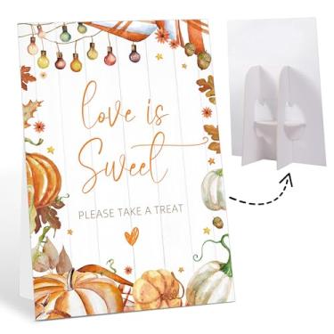 Imagem de Decorações de casamento de outono, placa de mesa Love is Sweet para mesa de sobremesa, 20 x 28 cm, placa de mesa de coração com folha de bordo de abóbora para recepção de ação de graças, jantar, chá