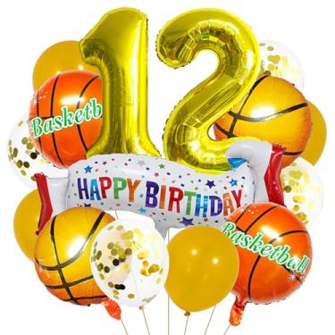 Imagem de Balão dourado de basquete número 12. Balões de alumínio de aniversário de 12 anos, balões coloridos de 12 anos de basquete, balões esportivos de 12 anos, kits de balões de festa para meninos de 12