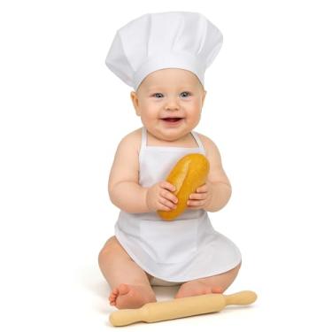 Imagem de FNANJWQ Conjunto de 2 peças de fantasia de chef para recém-nascido, acessório para fotografia de recém-nascidos, roupas de cozinha com chapéu de chef ajustável, avental para cosplay infantil, fantasia
