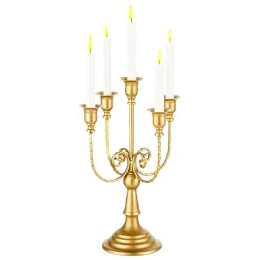 Imagem de Castiçal dourado de metal com 5 braços de candelabro decorativo moderno para mesa de casamento, festa de Natal de Halloween (1, dourado)