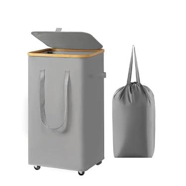 Imagem de Cesto de roupa grande com rodas, cesto de roupa rolante de 60 L com tampa e alça, cesto de roupa móvel resistente, design fino com rolamento com bolsa removível (cinza)