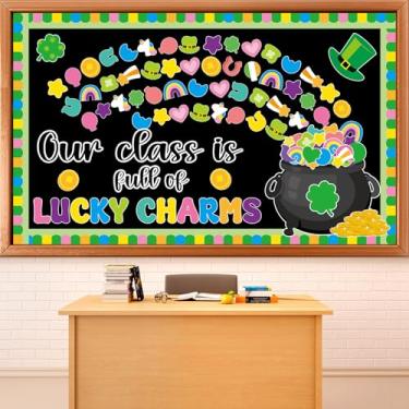 Imagem de Quadro de avisos do Dia de São Patrício, trevo da sorte, trevo da sorte, moeda de ouro, recortes de papel de unicórnio, conjunto de quadro de avisos para festas de São Patrício, escola, sala de aula