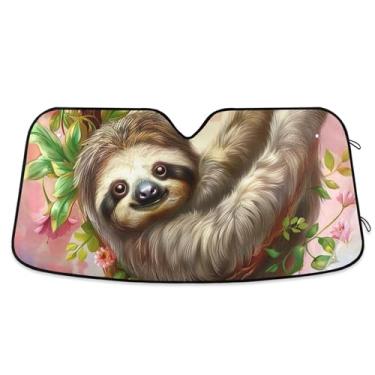 Imagem de Toldo de sol engraçado floral preguiça fofo para para-brisa de carro protetor solar retrátil universal para para-brisa dianteiro de carro estampas de animais M, 139,7 cm x 70,1 cm