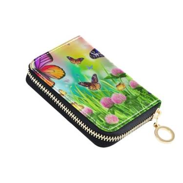 Imagem de Carteira feminina colorida floral verde pequena com bloqueio de RFID, carteira de cartão de crédito, linda carteira minimalista com zíper e bolsa para moedas