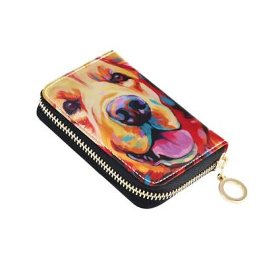Imagem de Carteira feminina de couro com bloqueio de RFID, carteira masculina pequena com bolso para moedas, pintura de cachorro Golden Retriever