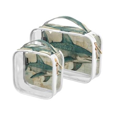 Imagem de GAIGEO Bear Behind a Broken Purple Wall Clear Cosmetic Bag Set, bolsa cosmética com alça bolsas de viagem para mulheres, pacote com 2, Baleia retrô marinha coral, one size