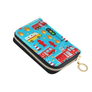 Imagem de Carteira feminina com porta-cartões com bloqueio de RFID, carteira feminina de couro com zíper e porta-chaves, caminhões de bombeiros, azul