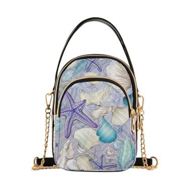 Imagem de GAIGEO Bolsa tiracolo de vaca, bolsa tiracolo feminina, transversal para mulheres, moderna, Conchas e estrelas do mar em azul e cinza - 1, One Size