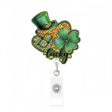 Imagem de Carretéis de crachá de Dia de São Patrício em ouro verde com glitter retrátil porta-crachá desenhos de trevo clipes da sorte clipes de acrílico jacaré para religião Irlanda pessoas trabalhadoras
