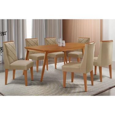 Imagem de Sala Jantar Mesa Havana Tampo Curvo 180cm+6 Cadeiras Pietá Madeira Naturale - Capuccino/Linho Bege - Rufato