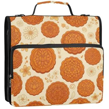 Imagem de Bolinhos de lua chineses tradicionais impressos 3,88 cm, 3 anéis, organizador de fichário com zíper, bolsa para fichário de ensino médio com alça, comporta 500 folhas, 34,5 x 31,5 x 9 cm