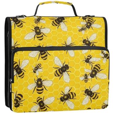 Imagem de Abelhas amarelas 3 argolas de 3,8 cm anel D fichário organizador de fichário com alça estojo de armazenamento de bolsa escolar com alça, 34,5 x 31,5 x 9 cm