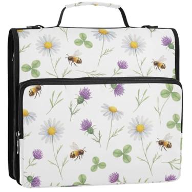 Imagem de Organizador de fichário engraçado com zíper, 3 anéis, 3 anéis, aquarela, flores silvestres, margaridas, branco, estojo de armazenamento com alça, bolsa de fichário de ensino médio com alça, 34,5 x