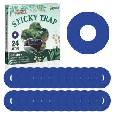 Imagem de Mysora 24 armadilhas para moscas de frutas, anel azul, armadilhas adesivas para insetos rastejantes, mosquitos, pulgões, moscas brancas, seguro para tripes, ambientes internos e externos em vasos de