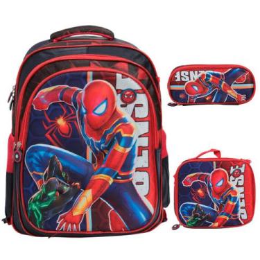 Imagem de Kit Mochila Escolar Infantil Menino Spider Man 3d Costas - Plike, Poli