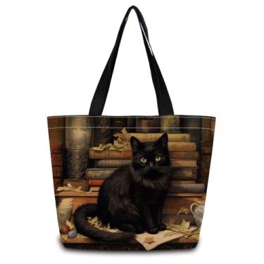 Imagem de ZhuVantrix Bolsa de ombro vintage preta para gatos fofa, estética, para compras, com bolso interno com zíper, leve e lavável, livro elegante, presente para mulheres amigas