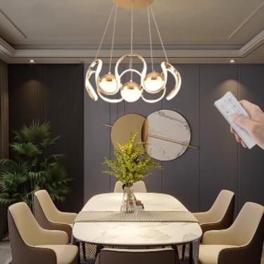 Imagem de Lustre LED moderno com formato de onda, dimerizável, com controle remoto, 3000k-6000k, 116W, luminária pendente de metal para sala de jantar, cozinha, sala de estar, quarto e bar (preto/dour