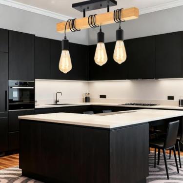 Imagem de Luminária retrô, lustre de madeira, luminária de mesa suspensa de 50 cm, adequada para restaurantes, cafés, estúdios, sótãos e outras aplicações de iluminação (3 x 27E)