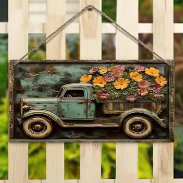 Imagem de Placa de fibra de densidade de 10 x 20 cm - Caminhão esculpido cheio de flores, decoração rústica de casa de fazenda para cerca, varanda, jardim (casa vintage e design floral)