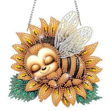 Imagem de DOMROM Kits de pendurar arte de diamante de abelha para adultos iniciantes, pingente de abelha com pintura de diamante de formato especial, arte de diamante faça você mesmo, apanhadores de sol