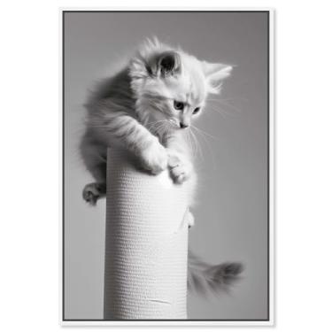 Imagem de Art Remedy Toalha de papel em tela de gato escalando arte engraçada para banheiro, moldura branca, 50,8 cm x 76,2 cm