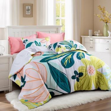 Imagem de Tyrot Jogo de cama com edredom floral Boho para todas as estações, tamanho king, rosa e verde