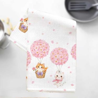 Imagem de Adorável toalha de cozinha floral rosa e gato, adorável impressão animal microfibra absorvente toalha de prato decorativa toalha de chá, toalhas de mão waffle para cozinha, casa, banheiro, presentes