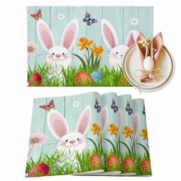 Imagem de Jogo americano de Páscoa, conjunto de 4, tapetes de mesa antiderrapantes à prova de calor, coelhos, borboleta, lavável, limpável, roupa de cama para cozinha, sala de jantar, decoração de mesas