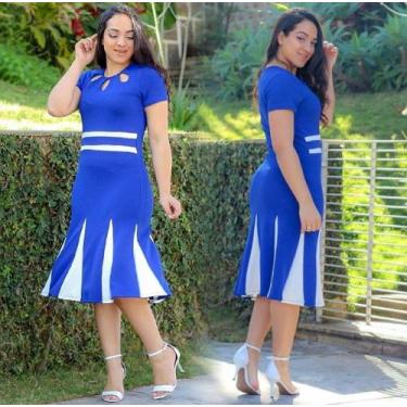 Imagem de Vestido MIDI Plus Size Nesga Moda Feminina Evangélica, Azul, G1