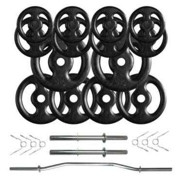 Imagem de Kit 60 Kg de Anilhas Ferro Fundido + 02 Barras de 40cm + Barra W - BOX