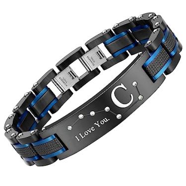 Imagem de Zillaly Pulseira masculina de duas cores de aço inoxidável, preto e azul banhado a íon, presente para maridos, pais e filhos masculinos, Aço inoxidável Cobre, Pedra preciosa de zircônia