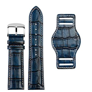 Imagem de ONECMN Pulseira masculina de couro genuíno de 20 mm e 22 mm com tapete, pulseira de couro artesanal (pino prata azul, 20 mm)