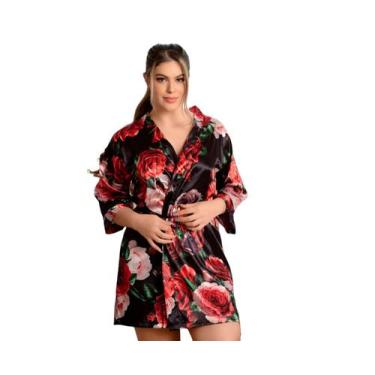 Imagem de Robe Cetim Estampado Floral Feminino Elegance Manga 3/4, Sensualle