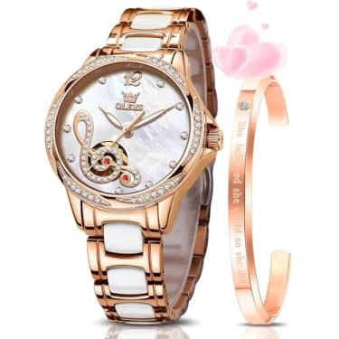 Imagem de OLEVS Relógios femininos automáticos femininos com vestido mecânico de cerâmica, pulseira de diamante em ouro rosa, luminoso, à prova d'água, branco
