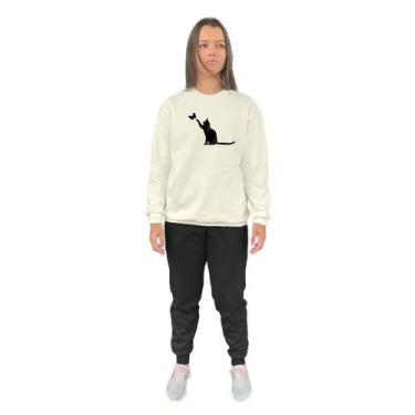 Imagem de Conjunto de Moletom Feminino Blusa Sem Capuz e Calça Jogger Estampado 