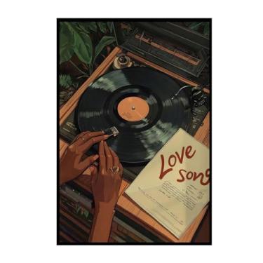 Imagem de ZHXICHEN Impressão em tela de arte de parede de disco de vinil vintage, pôster moderno de mulher negra com estética de canção de amor, decoração sem moldura 40,6 x 61 cm sem moldura para sala de estar