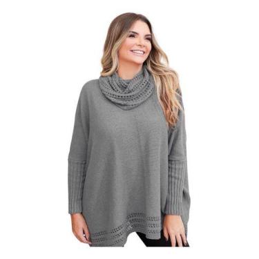 Imagem de Poncho Feminino Tricô Lã Gola Alta Confortavél Tendência Frio - GIP, C