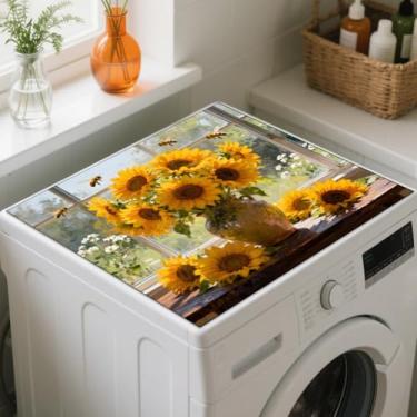 Imagem de GLOBLELAND Girassol, abelha, lavadora, secadora, tapete de cobertura contra poeira 59,9 x 59,9 cm, protetor superior para máquina de lavar e secar flores, almofadas antiderrapantes para lavanderia e