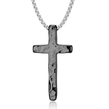 Imagem de MUSECLOUD Colar de corrente de cruz de prata para homens: Colares com pingente de cruzes de aço inoxidável 316L martelado com correntes de caixa joias de Natal cristãs forjadas à mão para homens e