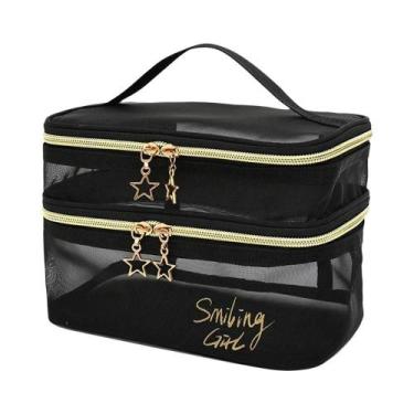 Imagem de Bolsa De Maquiagem Feminina Grande Capacidade Em Malha Preta, Organiza