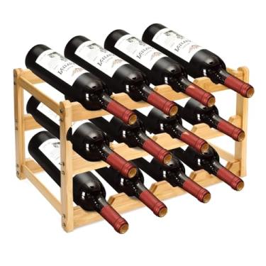 Imagem de Jbnausoy Prateleiras de vinho, rack de vinho de bambu com 3 pneus, rack de vinho para armário interno, 12 garrafas, suporte de armazenamento de vinho, prateleira de exibição de garrafa de licor