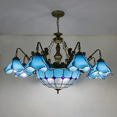 Imagem de Lustre estilo Tiffany, luminária pendente vintage de vitral, altura ajustável, lâmpada de teto LED E27 para decoração de sala de estar, quarto e sala de jantar, azul, 8 luzes.