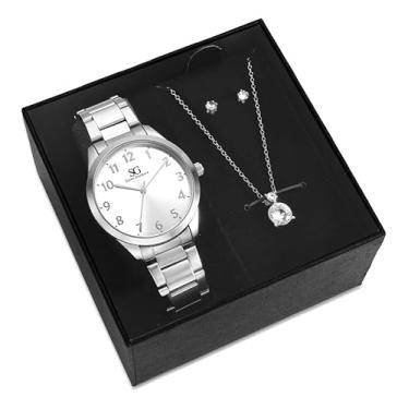 Imagem de Saint Germain Kit Relógio Colar e Brincos Femininos Prata com Mostrador Prateado, Pulseira Metálica, 38mm