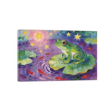 Imagem de Impressão em tela de arte de parede animal - folha de lótus de sapo - pintura de decoração moderna - imagens para casa pronta para pendurar tela embrulhada 20 x 30 cm 8 x 12 pol