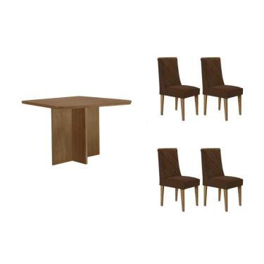 Imagem de Conjunto: Mesa de Cozinha Berlim Tampo Curvo 90cm+4 Cadeiras Pietá Madeira Naturale - Capuccino/Suede Capuccino - Rufato