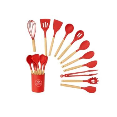 Imagem de Kit 12 Utensílios de Cozinha em Silicone com Cabos de Madeira, Antiaderente, Resistente ao Calor e Completo (Vermelho)