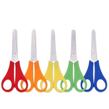 Imagem de Tesoura a granel para crianças, pacote com 5 tesouras de estudante com ponta cega de 12,7 cm, 5 cores sortidas, tesoura para cortar papel comum, papel de construção, cartões